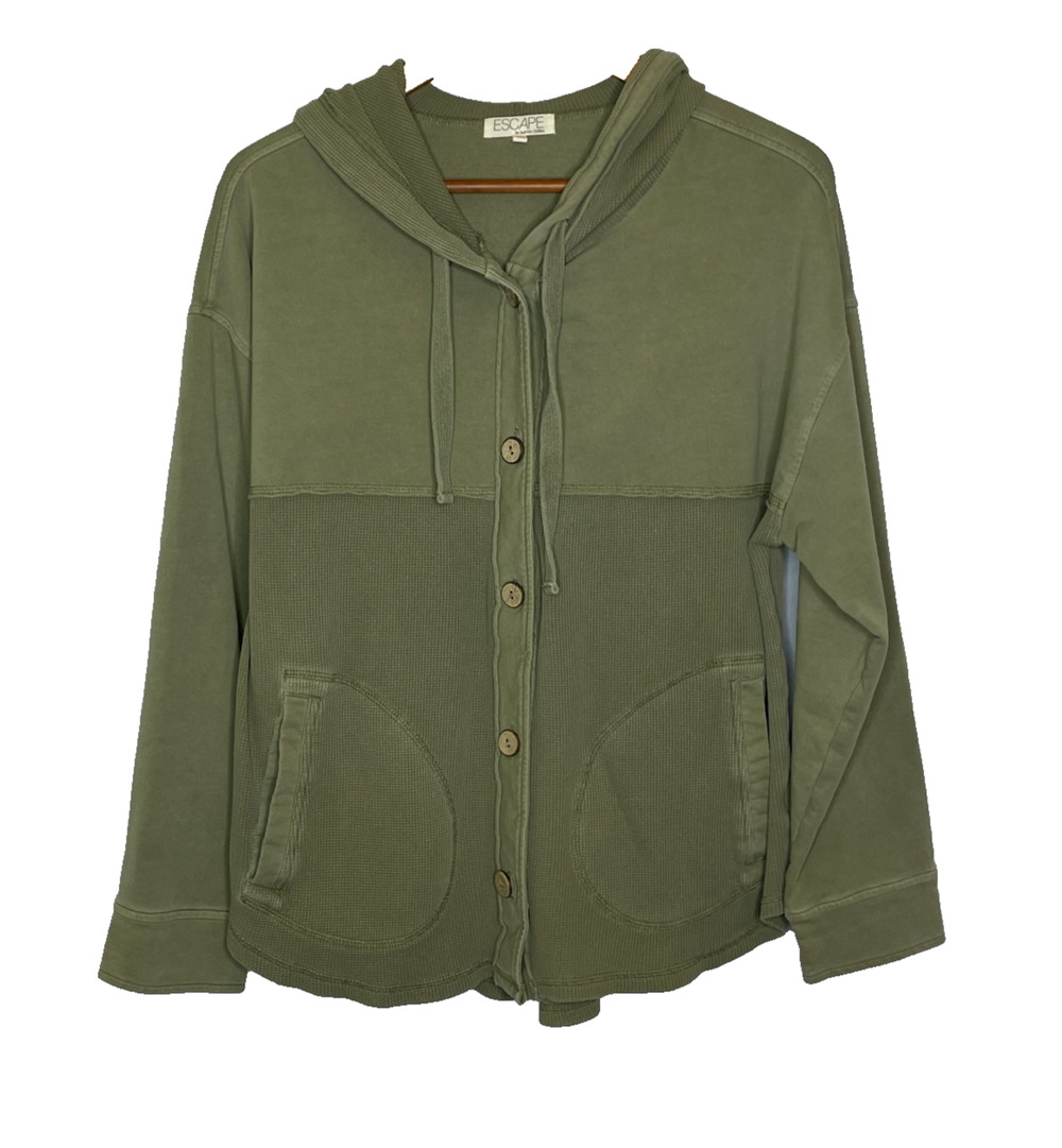 Women's Small Escape Habitat Waffle Knit Cotton Green Button Hoodie Sweatshirt